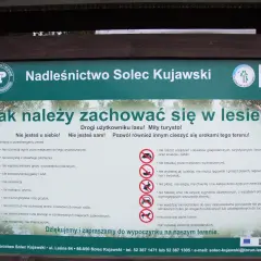 Tablica informacyjna Nadleśnictwa Solec Kujawski z zasadami zachowania w lesie, przypominająca o szacunku do przyrody i innych użytkowników.