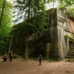 Trzy osoby zwiedzają masywne bunkry nad morzem, ukryte w gęstym, zielonym lesie. Monumentalne budowle porośnięte mchem i otoczone kamieniami.