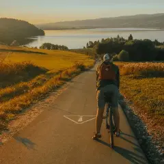 Rowerzysta na ścieżce rowerowej nad Jeziorem Czorsztyńskim. Zachód słońca podkreśla malownicze krajobrazy, idealne na odkrywanie atrakcji.