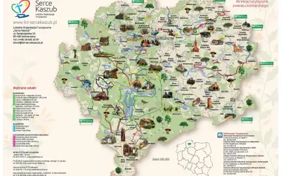 Mapa turystyczna Kaszub z zaznaczonymi szlakami rowerowymi, kajakowymi i pieszymi. Idealna trasa dla miłośników aktywnego wypoczynku.