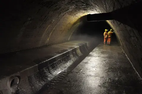 Dwóch robotników w pomarańczowych kombinezonach i żółtych kaskach stoi w ciemnym tunelu, gdzie płynie rzeka.