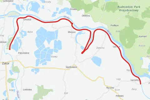 Trasa rowerowa wzdłuż Wisły, od Smolice przez Dębinę do Łączan. Widoczne stawy i Rudniański Park Krajobrazowy.