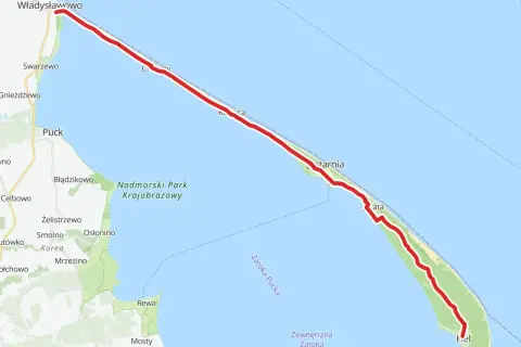Trasa rowerowa Mierzeja Wiślana od Władysławowa po Hel. Mapa pokazuje przebieg ścieżki rowerowej wzdłuż Półwyspu Helskiego.