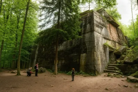 Trzy osoby zwiedzają masywne bunkry nad morzem, ukryte w gęstym, zielonym lesie. Monumentalne budowle porośnięte mchem i otoczone kamieniami.
