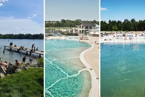 Letnie wypoczynek nad wodą. Ludzie kąpią się i opalają na plażach i pomostach. Wspaniałe jeziora małopolskie oferują relaks i ochłodę w upalne dni.