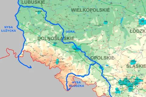 Graniczne rzeki Polski: Nysa Łużycka i Odra wyznaczają zachodnią granicę, a Nysa Kłodzka płynie na południu.