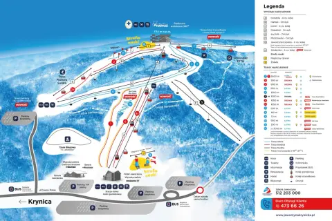 Mapa tras narciarskich Jaworzyny Krynickiej z wyciągami, parkingami i legendą.