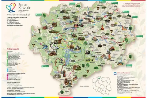 Mapa turystyczna Kaszub z zaznaczonymi szlakami rowerowymi, kajakowymi i pieszymi. Idealna trasa dla miłośników aktywnego wypoczynku.