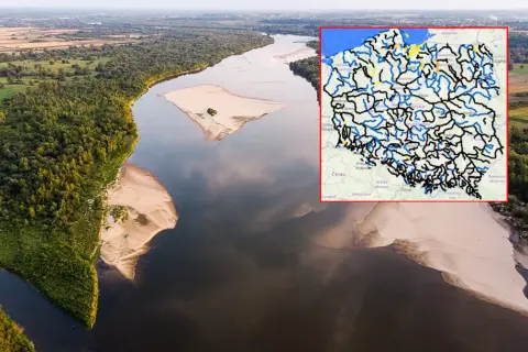 Szeroka rzeka z piaszczystymi brzegami i mapą Polski z zaznaczonymi rzekami, ilustrująca problem suszy w Polsce.