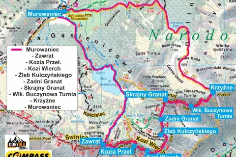 Mapa szlaku Orla Perć z zaznaczonymi szczytami i przełęczami, m.in. Murowaniec, Zawrat, Kozi Wierch.