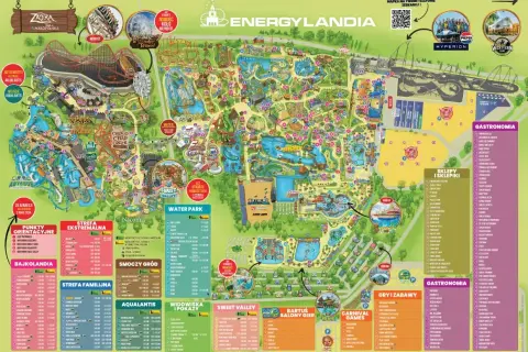 Mapa Energylandii pokazuje, gdzie jest park rozrywki, jego strefy: Ekstremalna, Bajkolandia, Familijna, Aqualantis, Sweet Valley, Water Park, Smoczy Gród, a także gastronomię i sklepy.