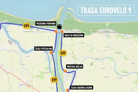 Mapa trasy rowerowej EuroVelo 9 z zaznaczonymi śluzami, promem i wiatrakiem.