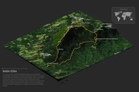 Trójwymiarowa mapa szlaku na Babiej Górze z zaznaczonymi szczytami i przełęczami. Warunki na szlaku mogą być zmienne.