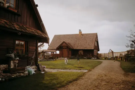 Drewniane chaty, idealne na noclegi na Szlaku Orlich Gniazd rowerem. Dwa psy bawią się na trawie.