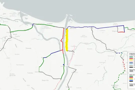 Mapa Pomorskich tras rowerowych, w tym stegna ścieżki rowerowe mapa. Widoczne odcinki gotowe, w realizacji i planowane.