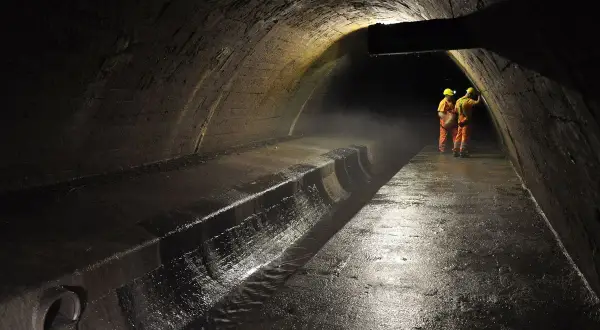 Dwóch robotników w pomarańczowych kombinezonach i żółtych kaskach stoi w ciemnym tunelu, gdzie płynie rzeka.