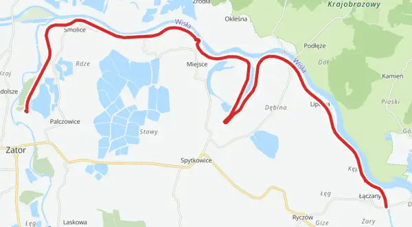 Trasa rowerowa wzdłuż Wisły, od Smolice przez Dębinę do Łączan. Widoczne stawy i Rudniański Park Krajobrazowy.