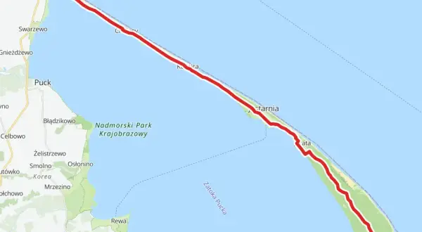Trasa rowerowa Mierzeja Wiślana od Władysławowa po Hel. Mapa pokazuje przebieg ścieżki rowerowej wzdłuż Półwyspu Helskiego.