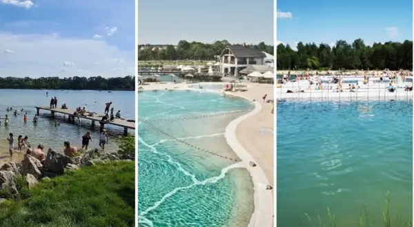 Letnie wypoczynek nad wodą. Ludzie kąpią się i opalają na plażach i pomostach. Wspaniałe jeziora małopolskie oferują relaks i ochłodę w upalne dni.