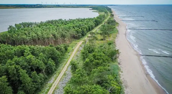 Malownicza trasa rowerowa R10 wzdłuż lasu i plaży nad Bałtykiem. W oddali widać jezioro i farmę wiatraków.