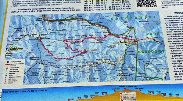Mapa szlaków narciarskich w Gorcach. Widoczna trasa z Obidowej na Turbacz, z zaznaczonymi punktami i odległościami.