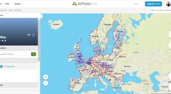 Mapa Europy z zaznaczonymi szlakami rowerowymi. Możesz zaplanować własne trasy rowerowe.