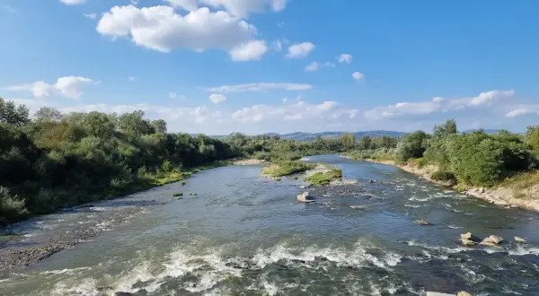 Malownicze miasto w widłach Dunajca i Popradu, otoczone zielenią, z rwącym nurtem rzeki i błękitnym niebem.