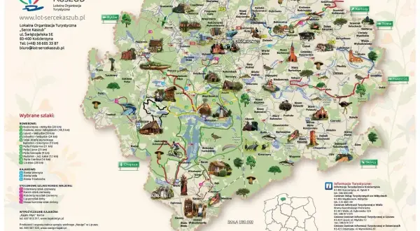 Mapa turystyczna Kaszub z zaznaczonymi szlakami rowerowymi, kajakowymi i pieszymi. Idealna trasa dla miłośników aktywnego wypoczynku.