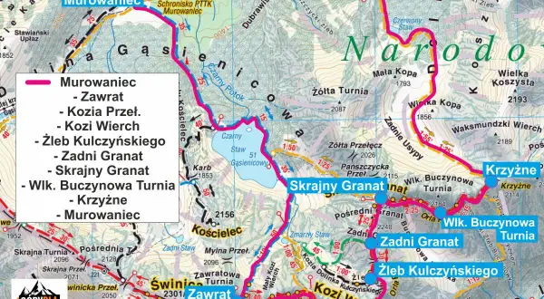 Mapa szlaku Orla Perć z zaznaczonymi szczytami i przełęczami, m.in. Murowaniec, Zawrat, Kozi Wierch.