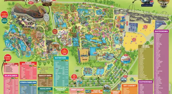 Mapa Energylandii pokazuje, gdzie jest park rozrywki, jego strefy: Ekstremalna, Bajkolandia, Familijna, Aqualantis, Sweet Valley, Water Park, Smoczy Gród, a także gastronomię i sklepy.