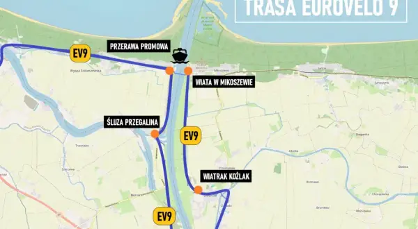 Mapa trasy rowerowej EuroVelo 9 z zaznaczonymi śluzami, promem i wiatrakiem.