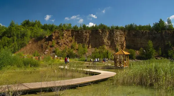 Malowniczy park w Jaworznie z drewnianą kładką wijącą się nad wodą, skalnym zboczem i altanką.