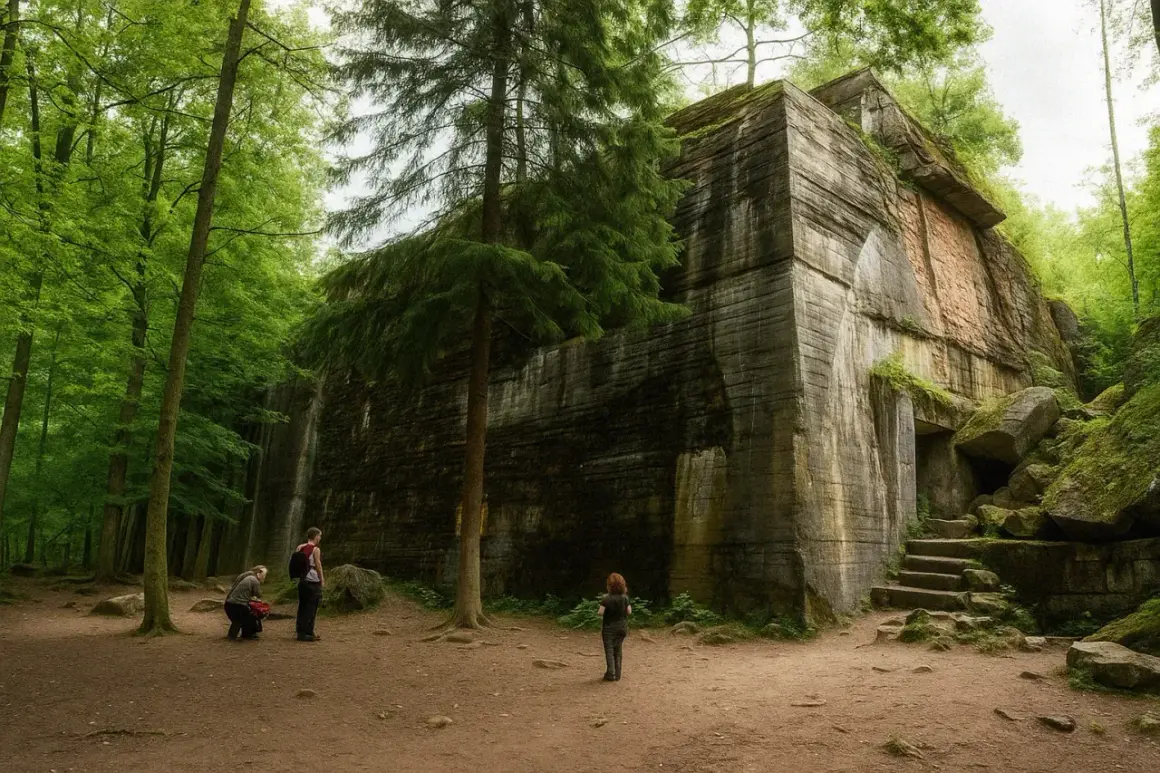 Trzy osoby zwiedzają masywne bunkry nad morzem, ukryte w gęstym, zielonym lesie. Monumentalne budowle porośnięte mchem i otoczone kamieniami.
