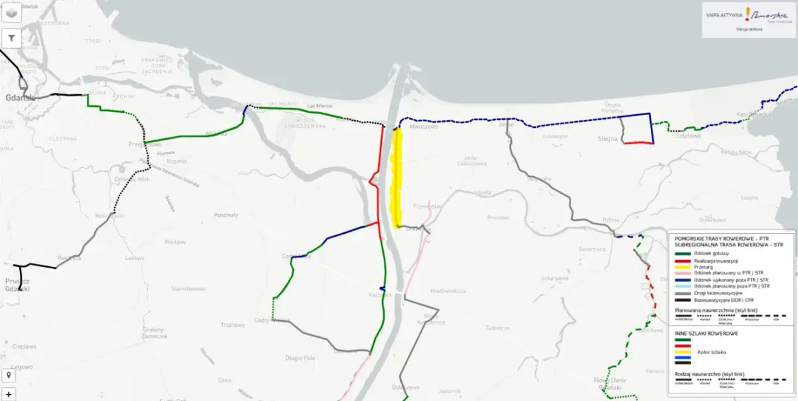 Mapa Pomorskich tras rowerowych, w tym stegna ścieżki rowerowe mapa. Widoczne odcinki gotowe, w realizacji i planowane.