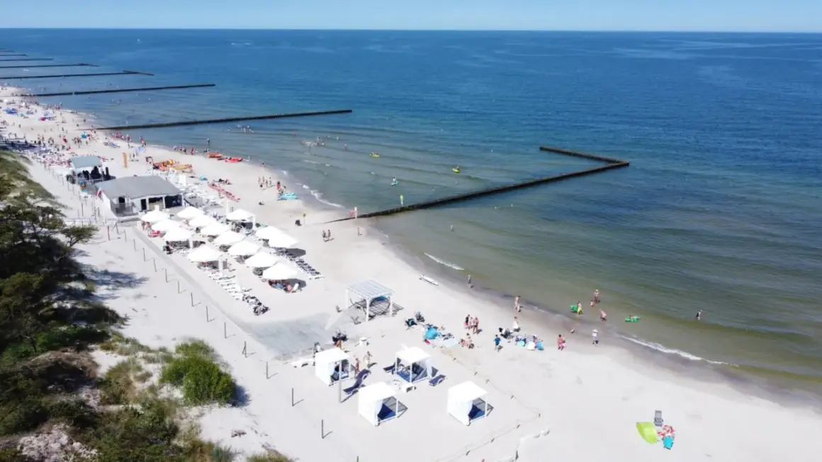 Majówka nad morzem: piaszczysta plaża z białymi parasolami, leżakami i budkami plażowymi, ludzie kąpią się i opalają.
