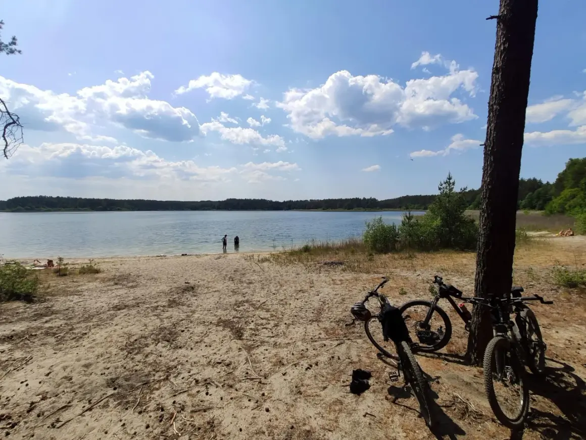 Dwa rowery czekają na plaży nad jeziorem, gotowe na odkrywanie **Swornegacie trasy rowerowe**. W tle woda i las.