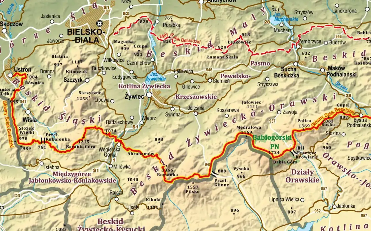 Mapa szlaku GSB przez Beskid Śląski i Żywiecki, z zaznaczonymi szczytami jak Babia Góra i Pilsko.