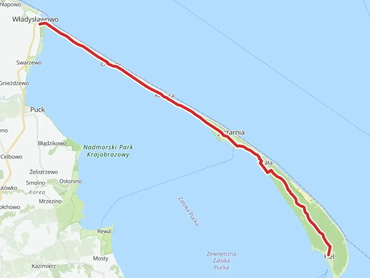 Mapa stegna ścieżki rowerowe: trasa z Władysławowa przez Półwysep Helski do Helu, wzdłuż Zatoki Puckiej.