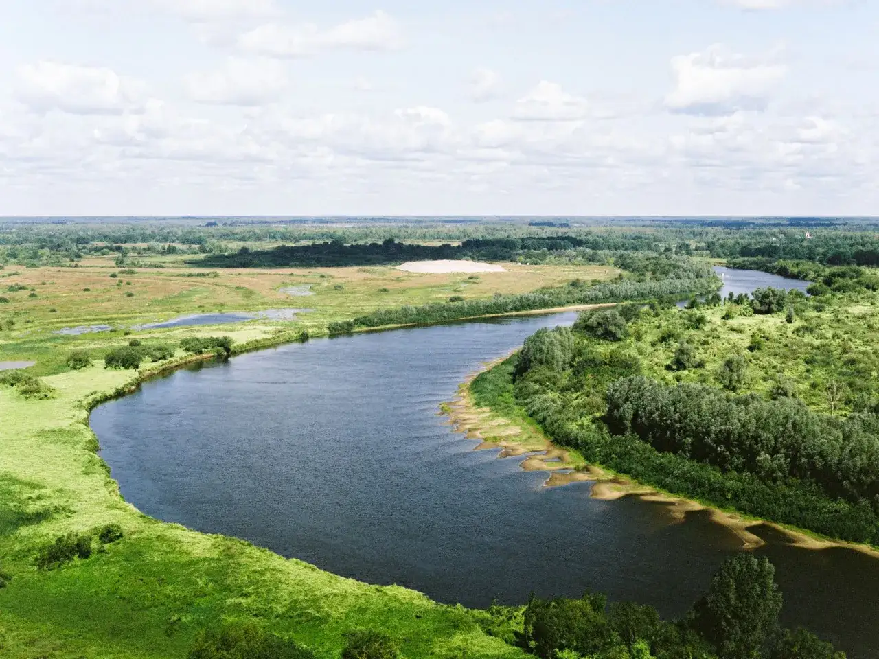 Szeroka rzeka meandruje przez zielone tereny. Widać liczne zakola, co pokazuje, co to meander.