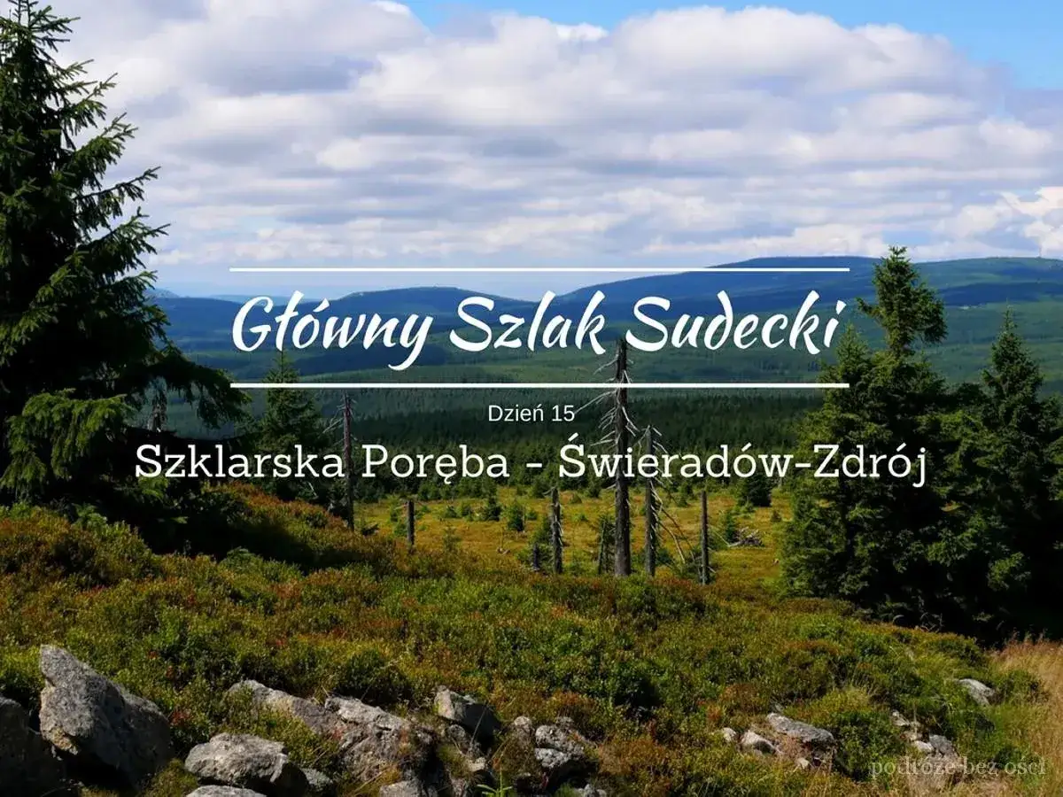 Krajobraz górski z lasem i chmurami. Napis: 
