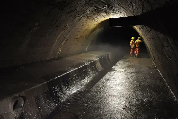 Dwóch robotników w pomarańczowych kombinezonach i żółtych kaskach stoi w ciemnym tunelu, gdzie płynie rzeka.