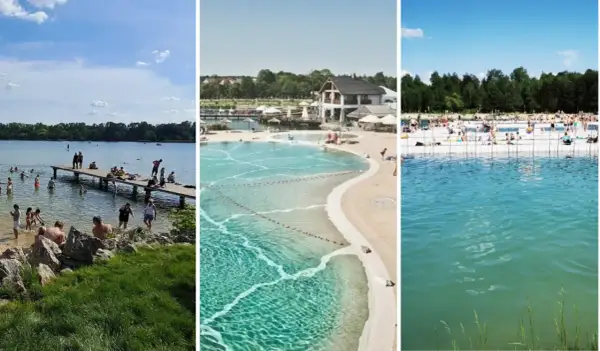 Letnie wypoczynek nad wodą. Ludzie kąpią się i opalają na plażach i pomostach. Wspaniałe jeziora małopolskie oferują relaks i ochłodę w upalne dni.