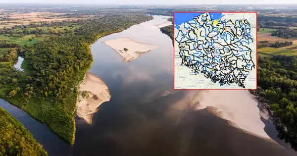 Szeroka rzeka z piaszczystymi brzegami i mapą Polski z zaznaczonymi rzekami, ilustrująca problem suszy w Polsce.