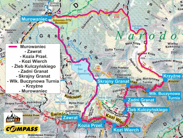 Mapa szlaku Orla Perć z zaznaczonymi szczytami i przełęczami, m.in. Murowaniec, Zawrat, Kozi Wierch.