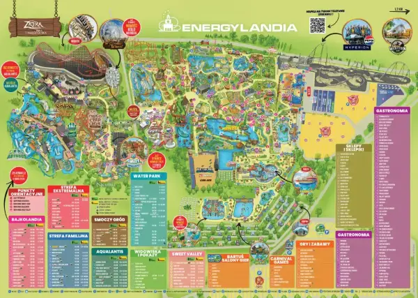 Mapa Energylandii pokazuje, gdzie jest park rozrywki, jego strefy: Ekstremalna, Bajkolandia, Familijna, Aqualantis, Sweet Valley, Water Park, Smoczy Gród, a także gastronomię i sklepy.