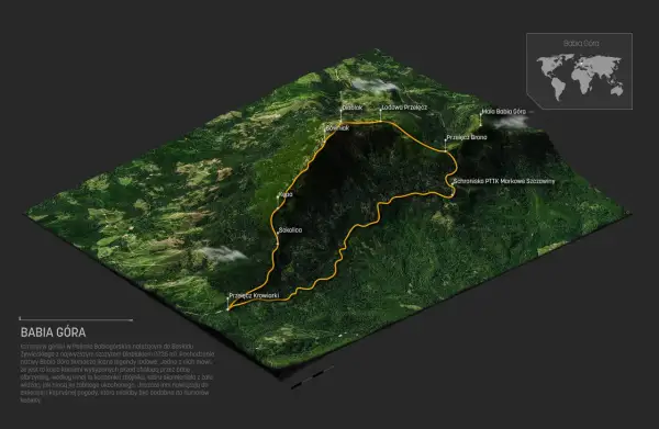 Trójwymiarowa mapa szlaku na Babiej Górze z zaznaczonymi szczytami i przełęczami. Warunki na szlaku mogą być zmienne.