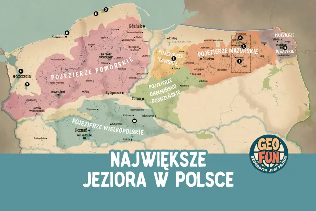 Mapa największych jezior w Polsce: Pojezierze Mazurskie, Pomorskie, Wielkopolskie i inne.